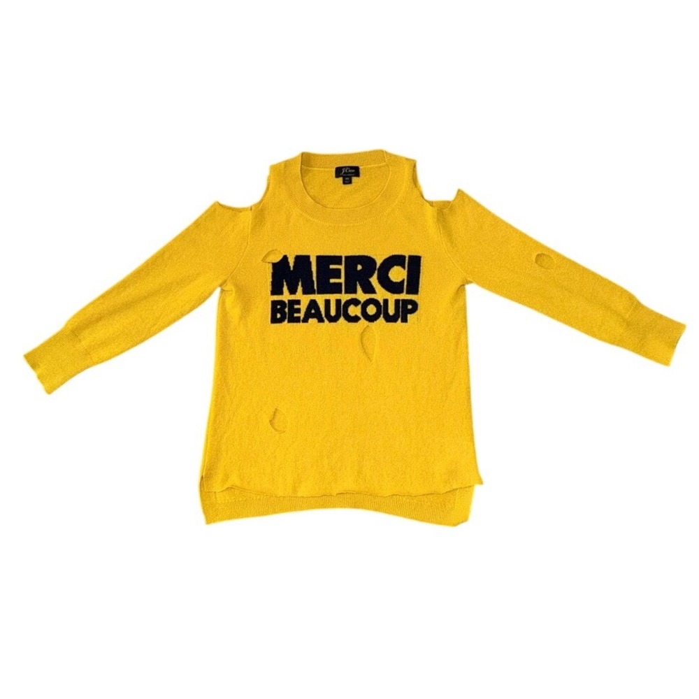 J. CREW Merci Beaucoup Yellow Cashmere Distressed Cold Shoulder Sweater | XS